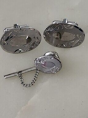 Vtg P.R.K Sterling Silver Classic Oval Etched Design Cufflinks and Tie Tack Set